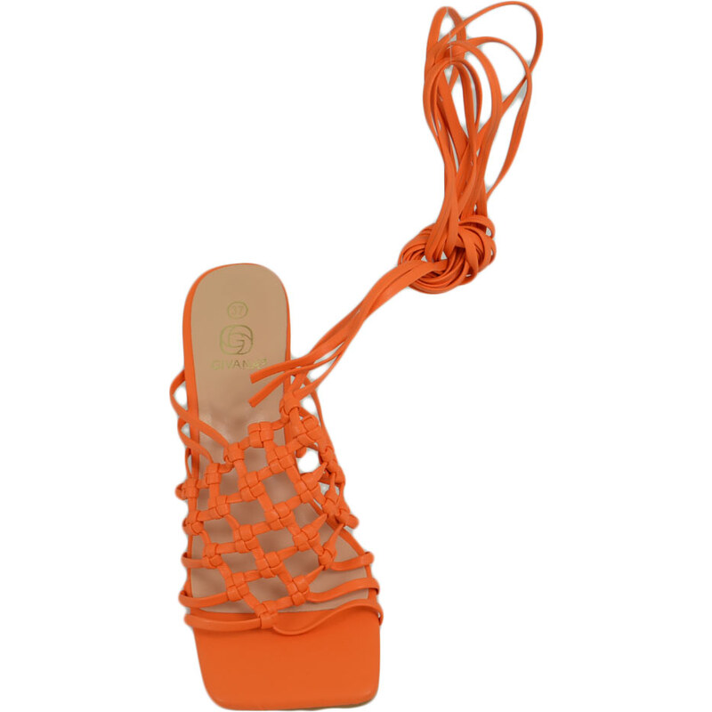 Malu Shoes Sandali donna tacco alto a spillo comodo arancione fantasia uncinetto alla schiava con lacci punta quadrata moda eventi