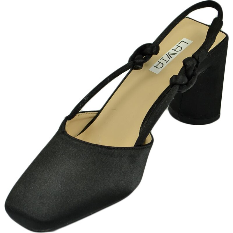 Malu Shoes Decollete scarpe donna in raso nero con tacco largo punta quadrata open toe chiusura alla caviglia moda eventi