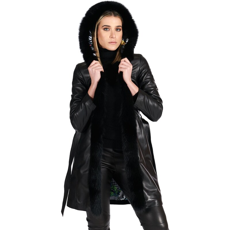 Cappotto in pelle nera con cappuccio bordato pelliccia D'Arienzo