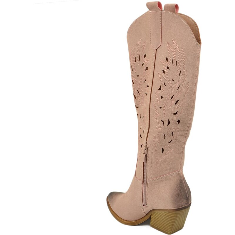 Malu Shoes Stivali donna camperos texani rosa cipria scamosciato forato tacco western comodo gomma altezza ginocchio estivo