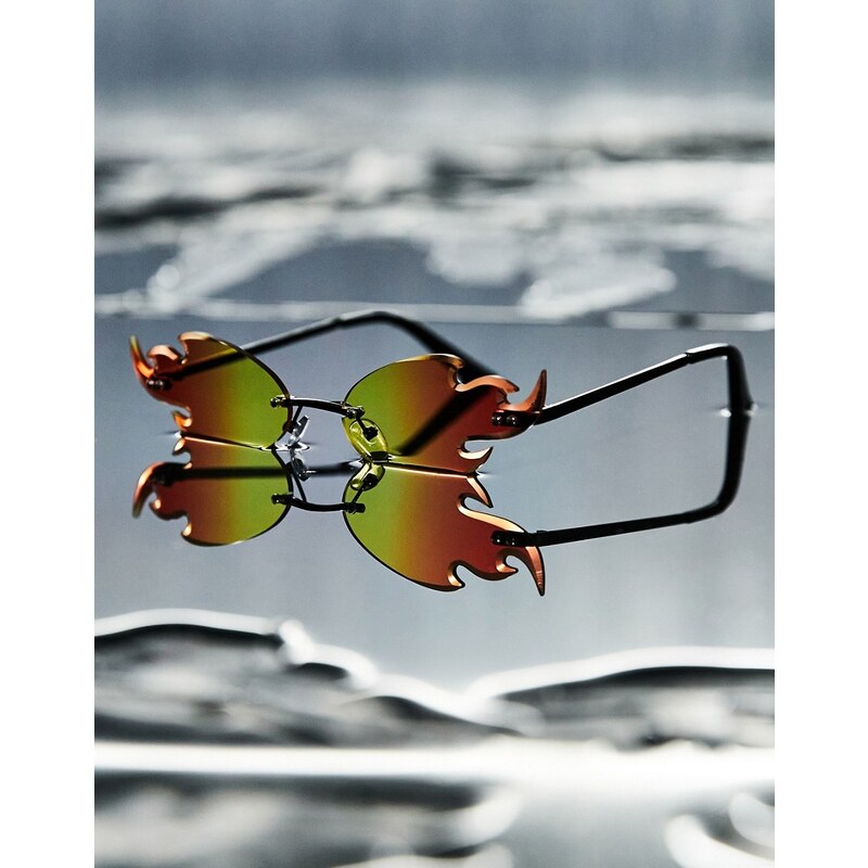 ASOS DESIGN - Occhiali da sole con design senza bordo con lenti a forma di fiamme rosso sfumato