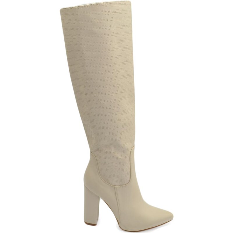 Malu Shoes Stivale donna alto rigido in pelle beige traforato tacco largo liscio linea basic a punta moda altezza ginocchio zip