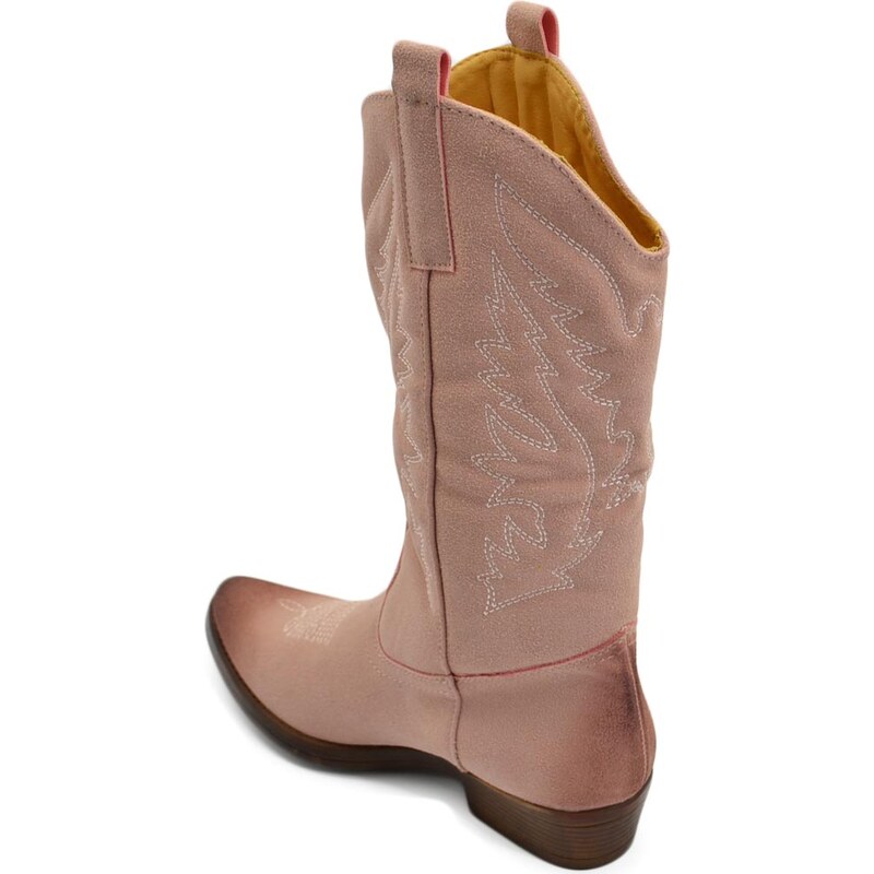 Malu Shoes Stivali donna camperos texani stile western rosa con fantasia laser su pelle scamosciata tinta unita altezza polpaccio