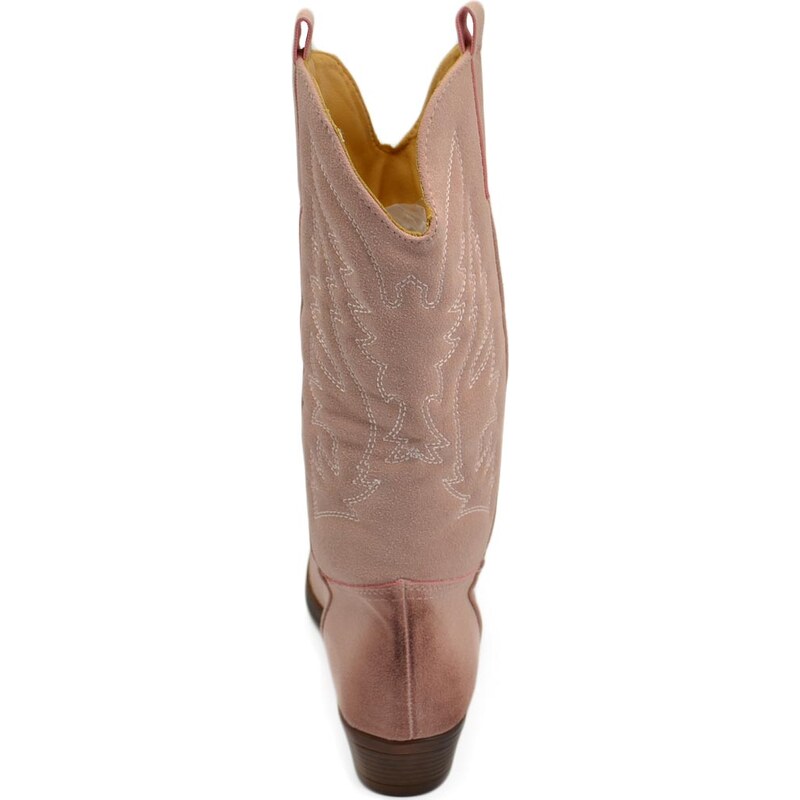 Malu Shoes Stivali donna camperos texani stile western rosa con fantasia laser su pelle scamosciata tinta unita altezza polpaccio