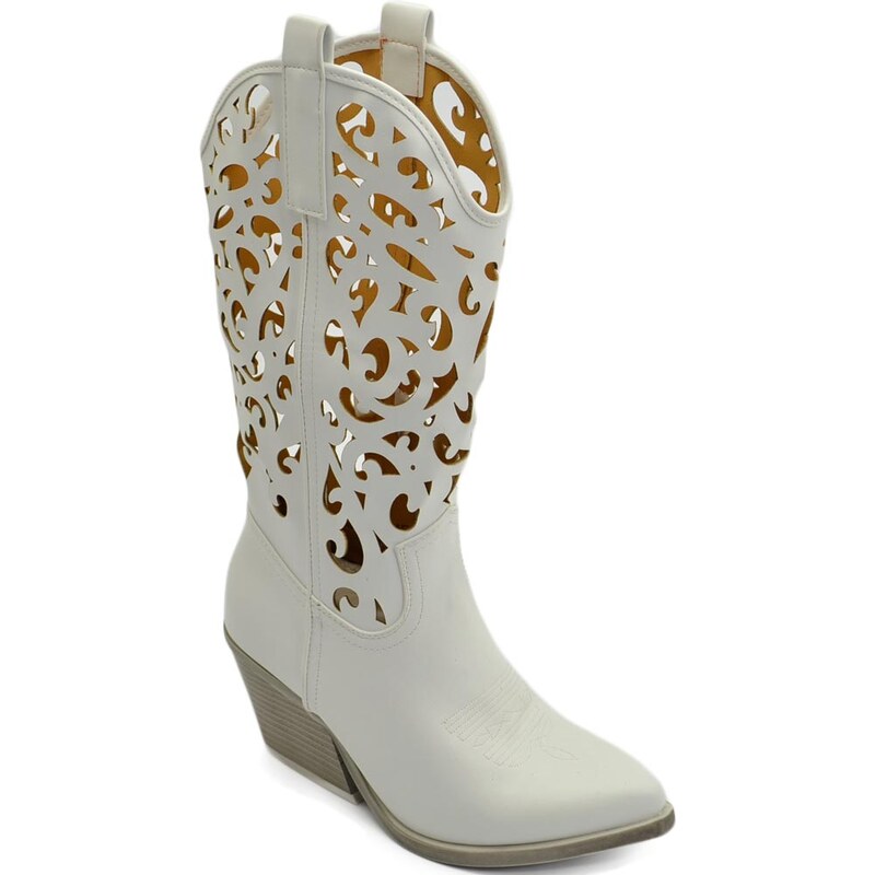 Malu Shoes Stivali donna camperos texani bianchi ecopelle forato tacco 5 cm western comodo gomma altezza meta' polpaccio