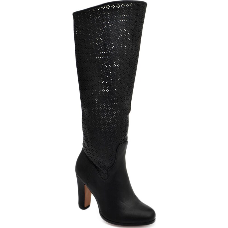 Malu Shoes Stivale donna alto rigido in pelle nero traforato tacco largo liscio linea basic a punta tonda moda altezza ginocchio