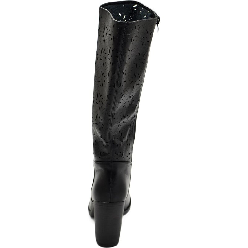 Malu Shoes Stivali donna alto punta tonda nero gambale traforato puntinato al ginocchio tacco largo 9 cm moda elegante