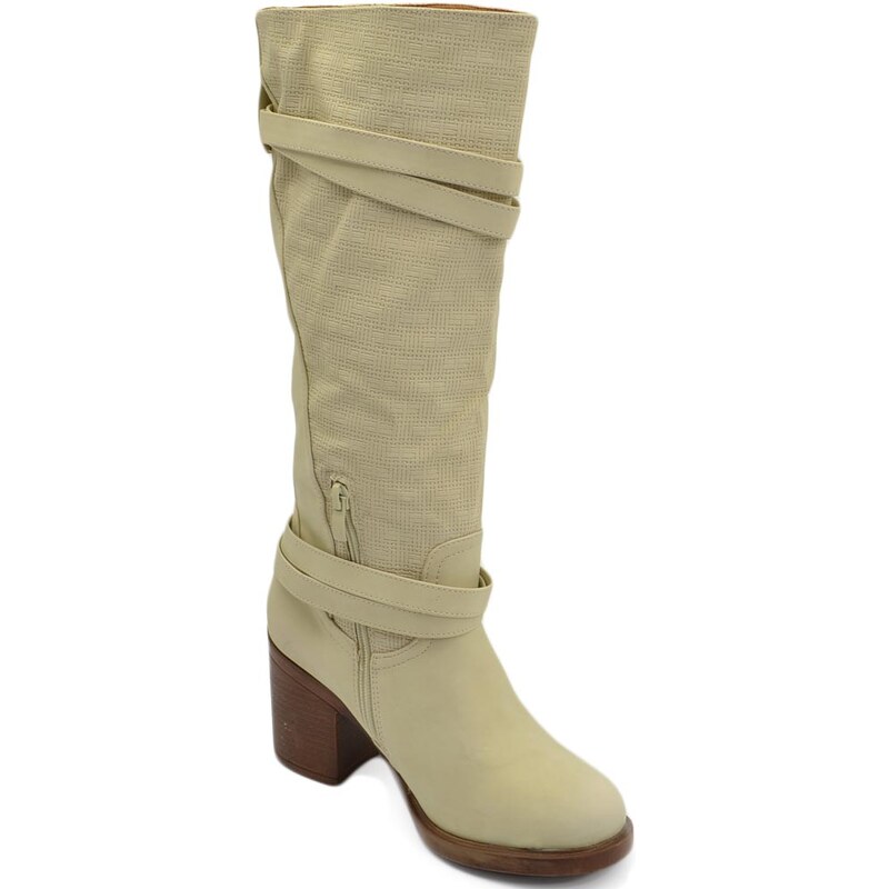 Malu Shoes Stivali donna beige altezza biker tinta unita traforato al polpaccio morbido con fibbia gomma tacco antiscivolo moda