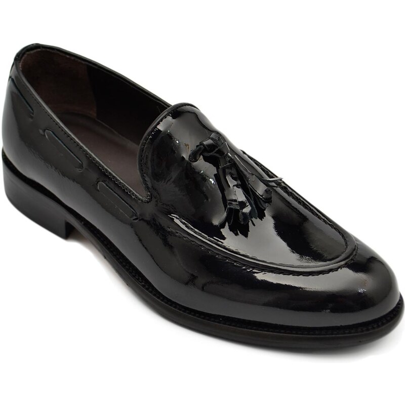 Malu Shoes Scarpe uomo mocassino elegante cerimonia in vera pelle lucida nera con nappe fondo cuoio con antiscivolo made in italy