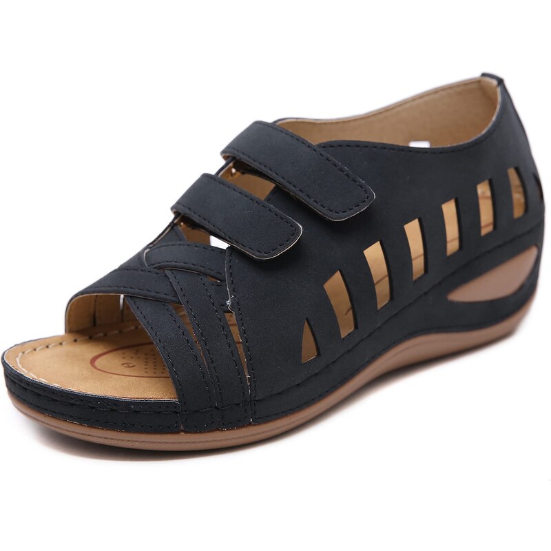 Sandali Ortopedici Con Zeppa In Pelle Per Donna – Larga Larghezza, Con Cinturino Alla Caviglia, Plateau, Colori Vari (Nero, Marrone, Grigio, Paillettes)