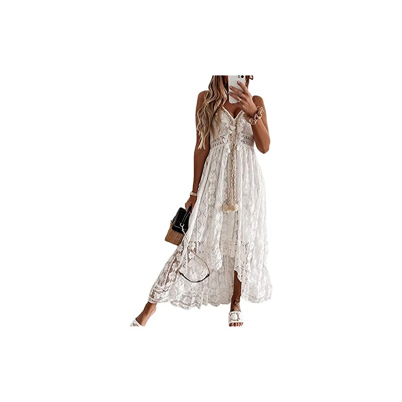Abito Lungo Estivo In Pizzo Per Donna, Stile Boho, Spalline, Perfetto Per Spiaggia E Vacanze