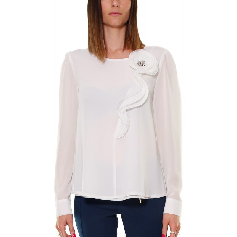 Rinascimento BLUSA DI CHIFFON CON ROSONE, BIANCO 