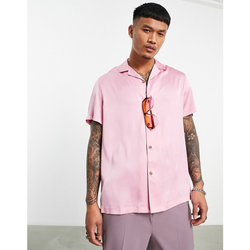 ASOS DESIGN - Camicia comoda con colletto a rever in raso rosa chiaro