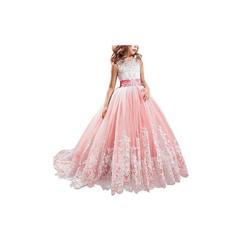 IBTOM CASTLE Vestito Lungo Elegante Ragazze Fiore Principessa Manica Lunga Floreale Pizzo Vestiti per Compleanno Festa Damigella Matrimonio Rosa Chiaro 11-12 Anni