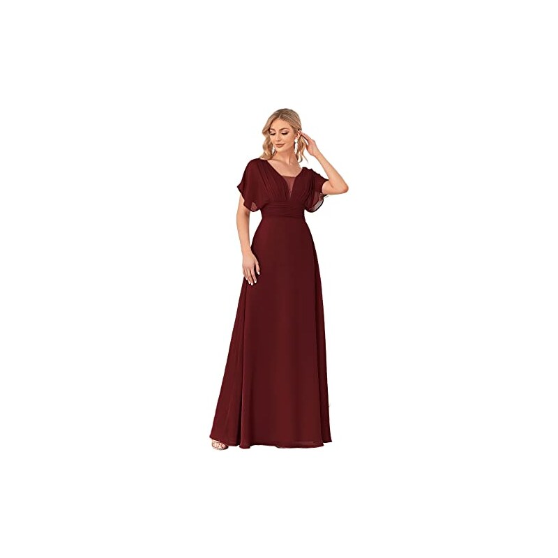 Ever-Pretty Abiti da Cerimonia Lungo Stile Impero Chiffon Scollo a V Maniche con Volant Donna Borgogna 36