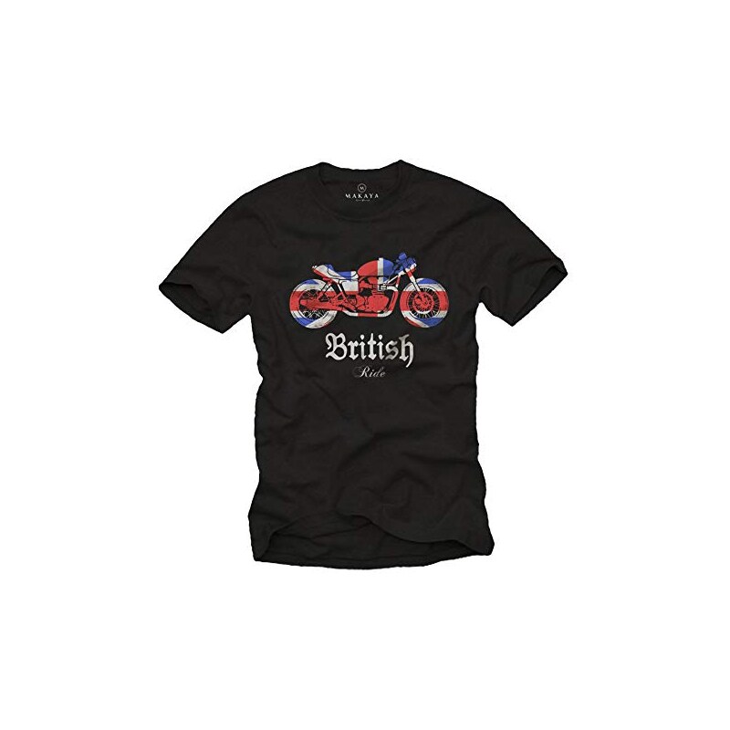 MAKAYA T Shirt Motociclista Vintage Motorcycle Bandiera Inglese Magliette Uomo Moto Nero L Stileo