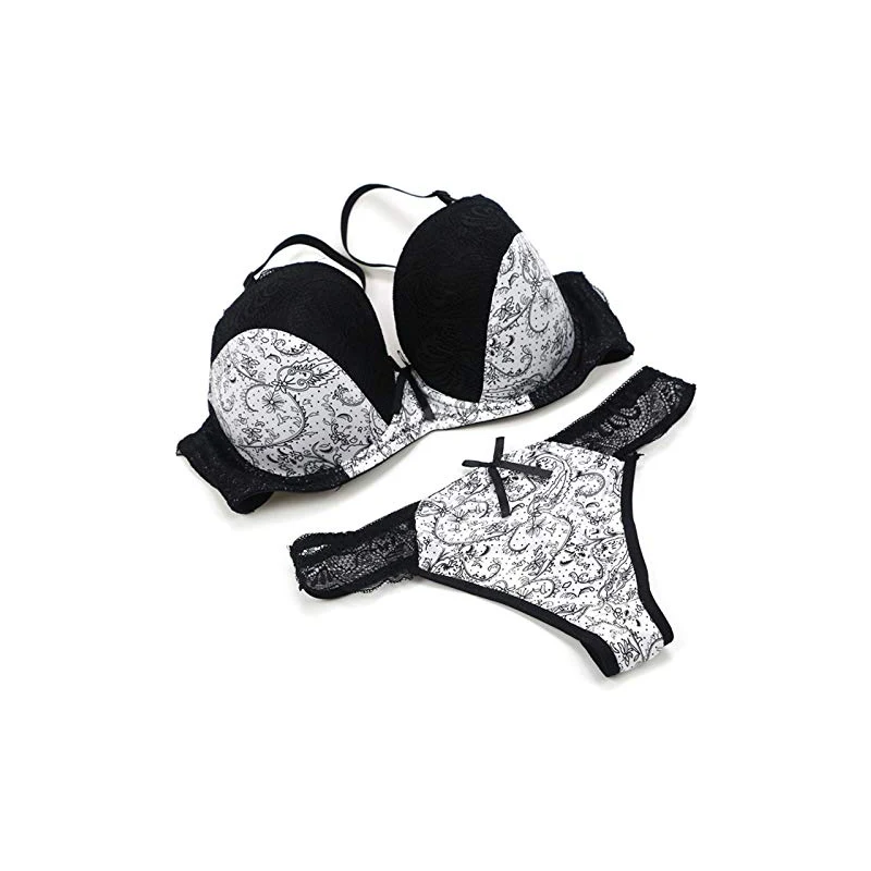 Reggiseno Senza Ferri, Pizzo Floreale, Imbottito Push-up, Taglia 46C, Nero, Comodo E Traspirante