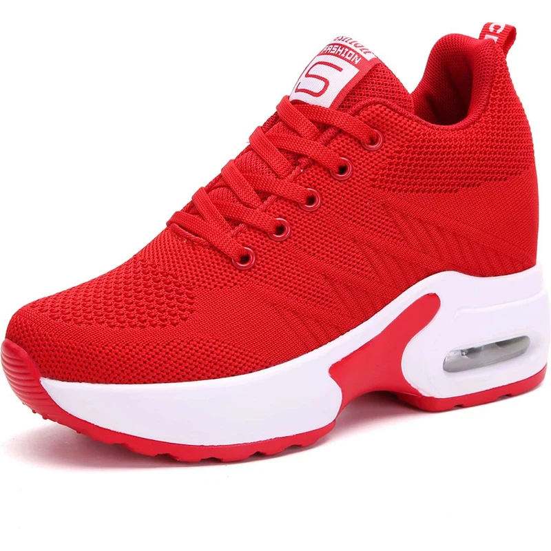 AONEGOLD Sneakers Zeppa Donna Scarpe da Ginnastica Basse Tennis Sportive Fitness Scarpe con Zeppa Interna Tacco 8.5 cm Casual Moda 2786 Rosso 37 EU Stileo