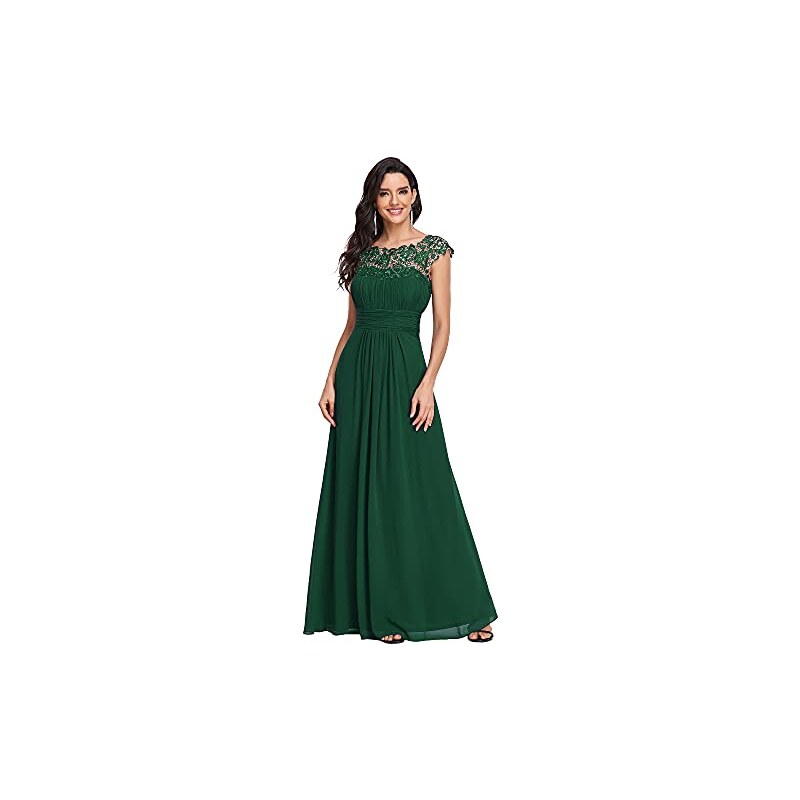 Ever-Pretty Abiti da Sposa Pizzo Maniche ad Aletta Stile Impero Linea ad A Elegante Chiffon Lunghezza del Piano da Donna Verde Scuro 48