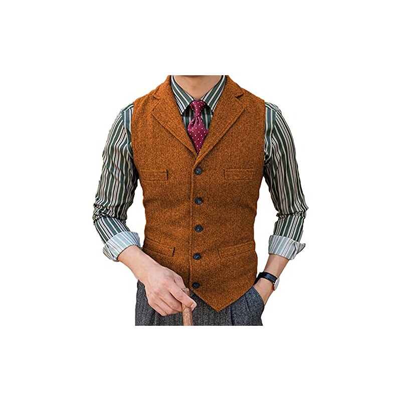 Gilet Costume Homme Vintage En Tweed Ou Laine - Revers Cranté, 4 Poches, Taille XS à 3XL