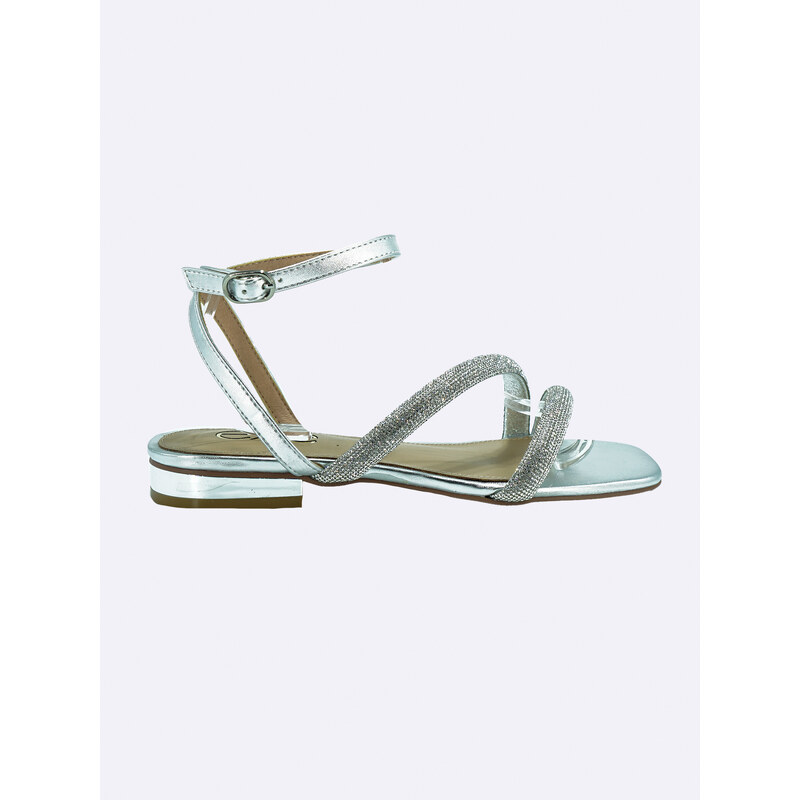 SANDALO GIOIELLO DONNA TACCO BASSO CON DUE FASCETTE STRASS ARGENTO Glamour Chic