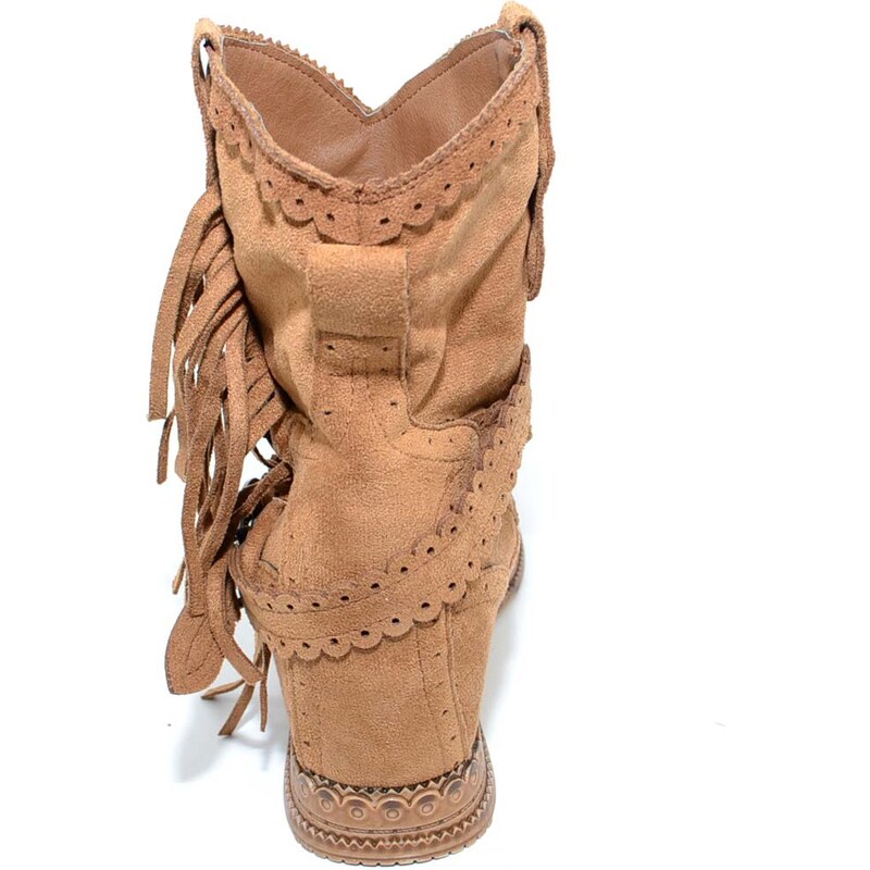 Malu Shoes Stivaletto donna indianini cuoio scamosciati con frange zeppa interna 5 cm cinturino fibbia altezza caviglia moda ibiza