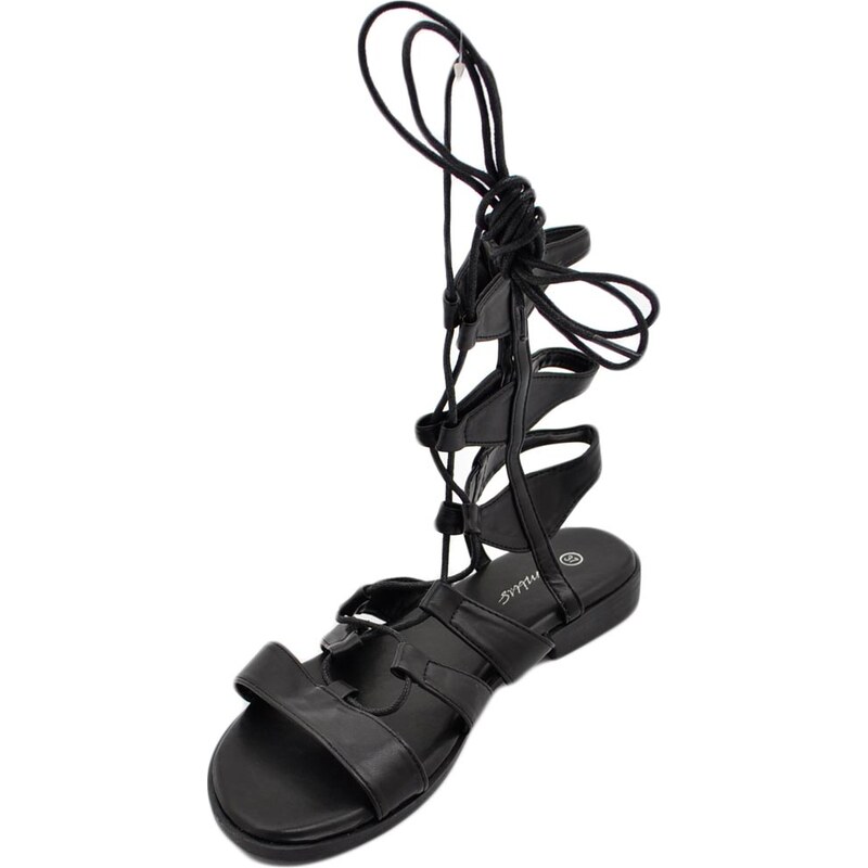 Malu Shoes Sandali bassi alla schiava donna nero in ecopelle con lacci regolabile comodo senza tacco raso terra moda gladiatore