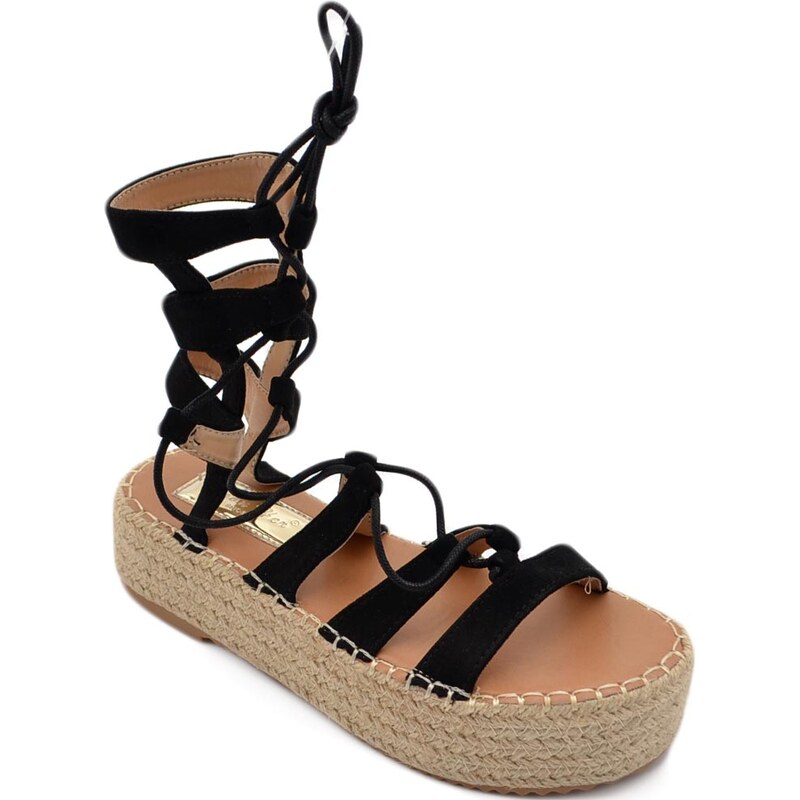 Malu Shoes Sandali alla schiava donna nero in ecopelle scamosciata fondo platform 4 cm con lacci regolabile moda gladiatore
