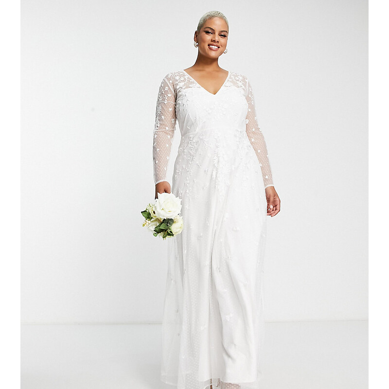 ASOS Curve ASOS DESIGN Curve - Holly - Vestito da sposa ricamato con scollo a V color avorio-Bianco
