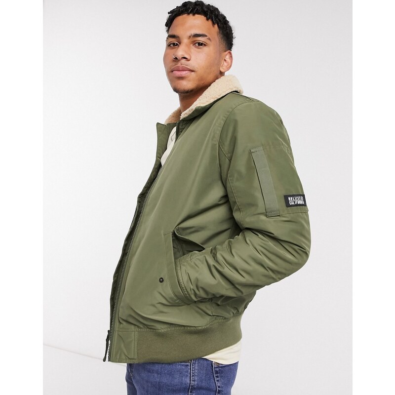 Hollister - Bomber modello aviatore verde con collo in pile borg. Uomo