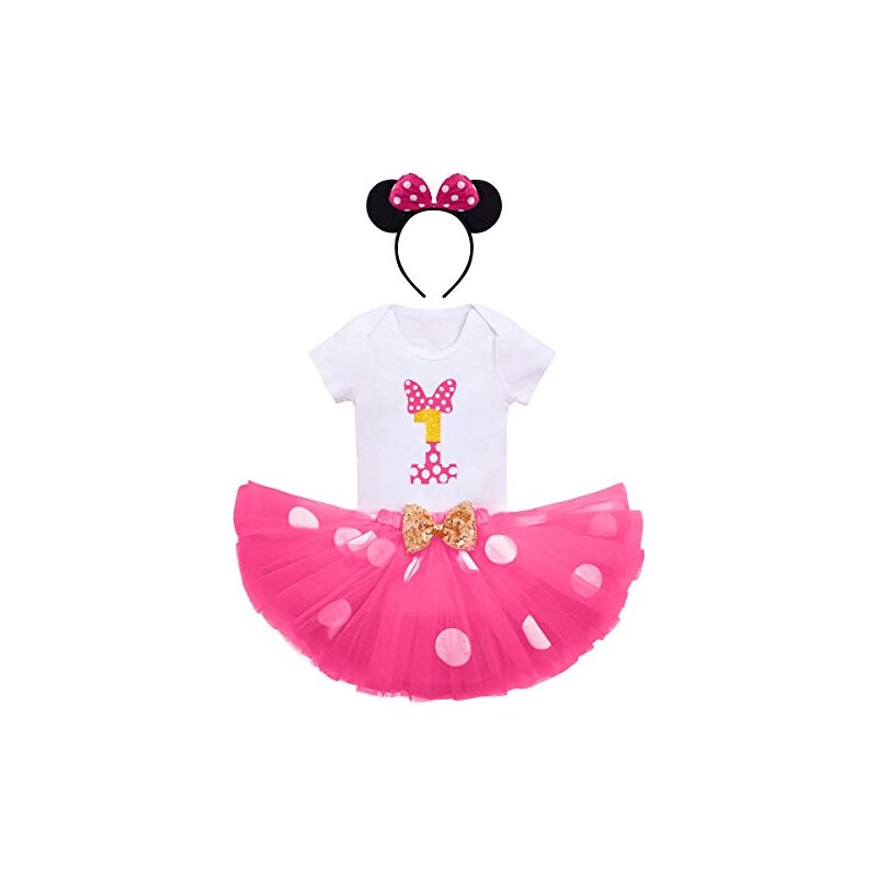 Ragazza Neonata 1 ° Primo Compleanno Abiti Minnie Mouse Costume Manica  Corta Pagliaccetto Pois Tutu Gonna Orecchio Bowknot Fascia 3 Pezzi Bambina  Principessa Vestito da Partito Fotografia Rosa Caldo 