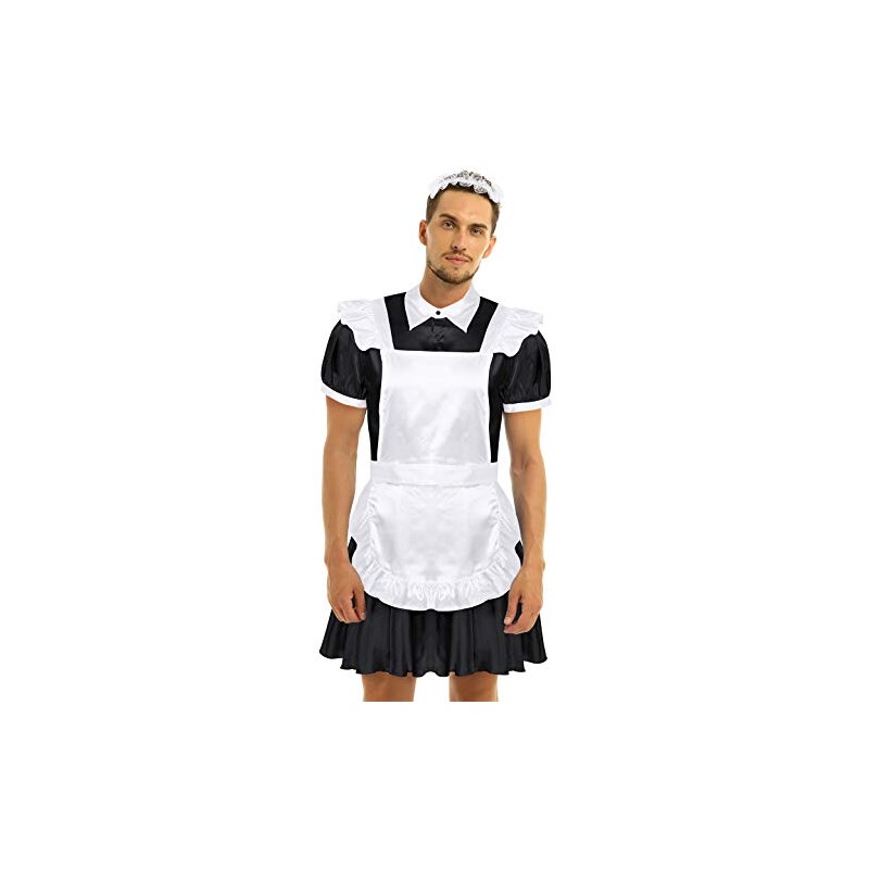 TiaoBug Costume Cameriera Francese Sissy Sexy Uomo Uniforme Maid Addio al Celibato Divertenti Carnevale Travestimenti Halloween Vestito Raso+Grembiule+Fascia per Cappelli Nero L