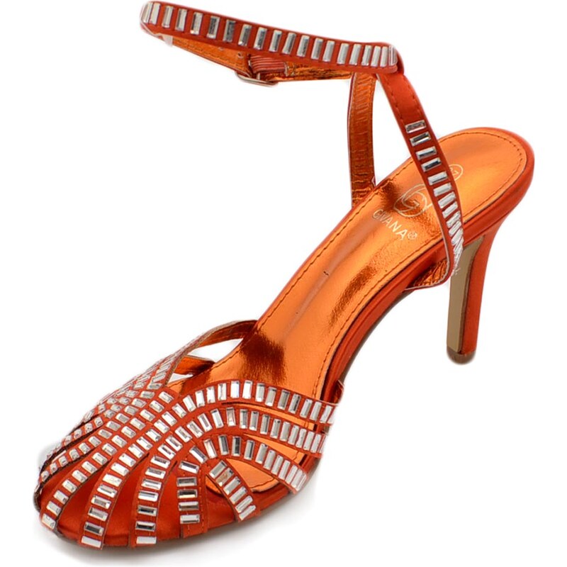 Malu Shoes Sandali tacco donna a fascette arancioni lucide con applicazioni anni 60 tacco 8cm cerimonia cinturino alla caviglia