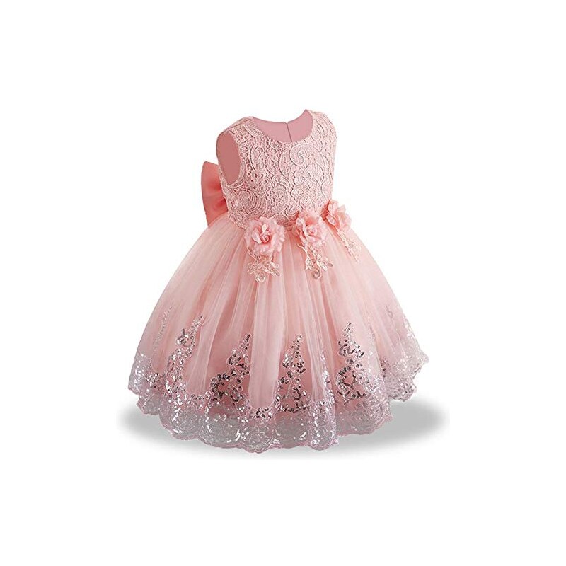 OBEEII Vestito da Principessa Fiore Ragazza Abito Pizzo Senza Maniche  Floreale Gonna Tutu per Festa Cerimonia Carnevale Battesimo per Bambine  12-24 Mesi Rosa Chiaro 