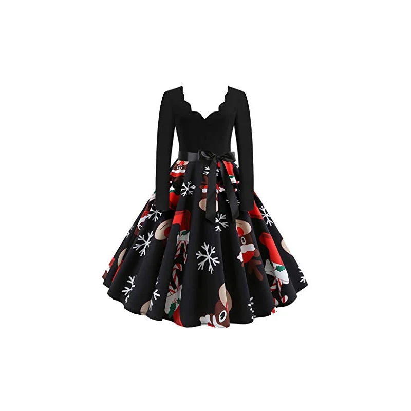 Riou-Vestiti Natale Donna Elegante con Manica Lunga Stampato