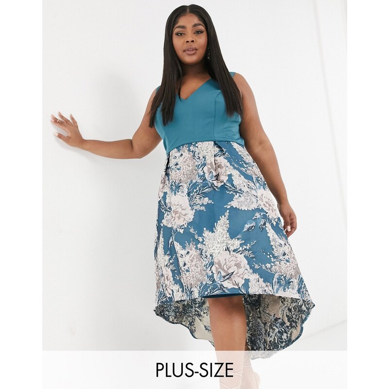 Chi Chi London Plus - Abito midi da cerimonia verde-azzurro a fiori con orlo asimmetrico. Donna