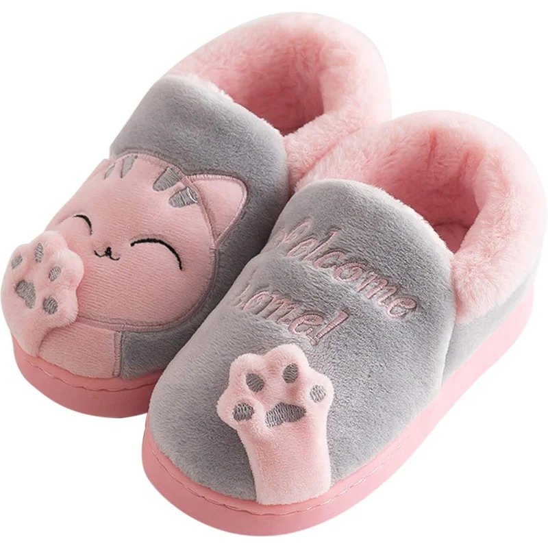 Pantofole Bimba Gatto – Stivaletti Grigio Rosa Con Chiusura Facile – Slumberzzz
