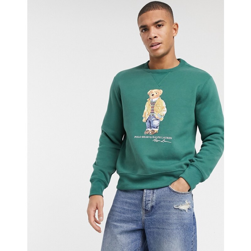 Polo Ralph Lauren - Felpa in pile verde bosco slavato con stampa di orsetto. Uomo