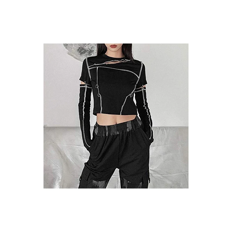 ZKRZ Magliette Patchwork Nere Stile Punk Magliette Gotiche