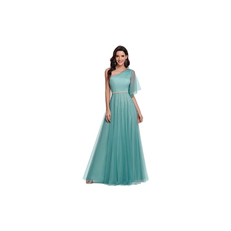 Ever-Pretty Vestito da Sera in Tulle Manica a Tromba Una Spalla da Donna  Stile Impero Linea ad A Elegante Blu Polveroso 40EU
