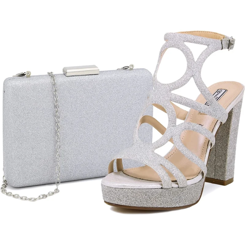 QUEEN HELENA Scarpe Eleganti Estive Donna Sandali con Tacco a Punta Aperta  da Cerimonia Cinturino alla Caviglia Argento e Oro (Scarpa Argento con