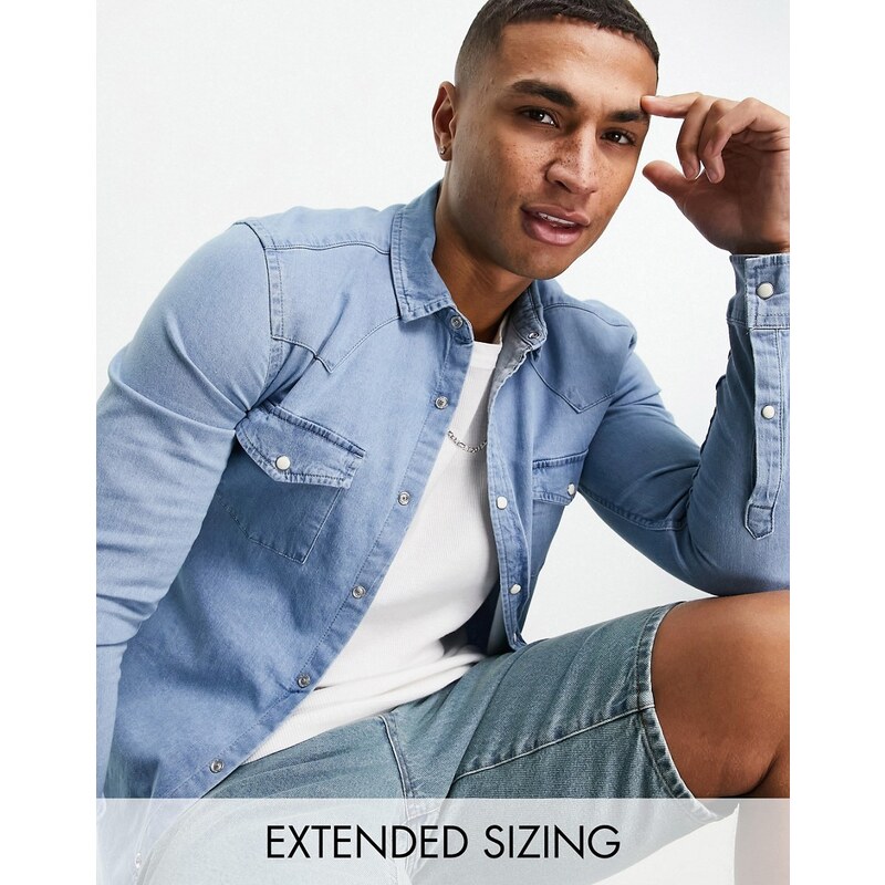 ASOS DESIGN - Camicia di jeans skinny lavaggio blu chiaro stile western