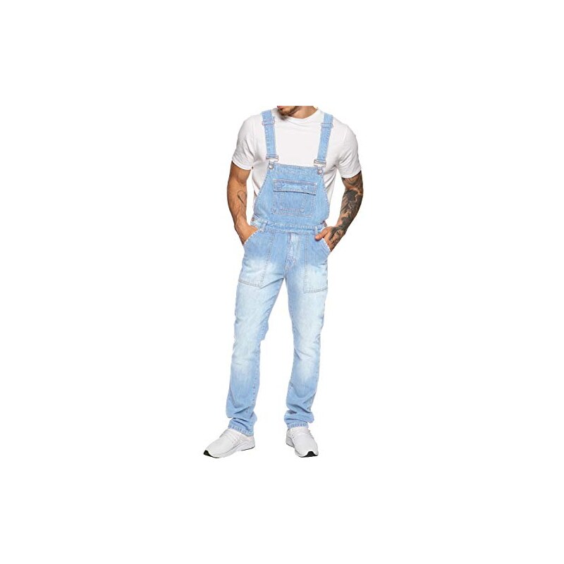 Modaworld Salopette Corta in Denim da Uomo Jeans Denim Slim Tasche