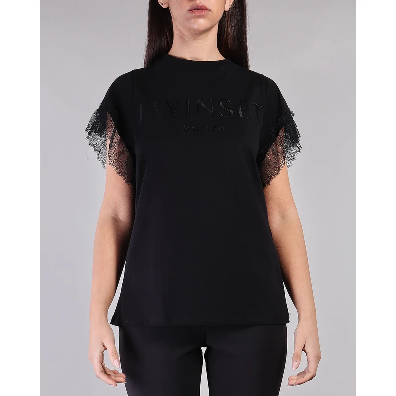 TWIN SET T-shirt con logo ricamato e maniche in pizzo Woman