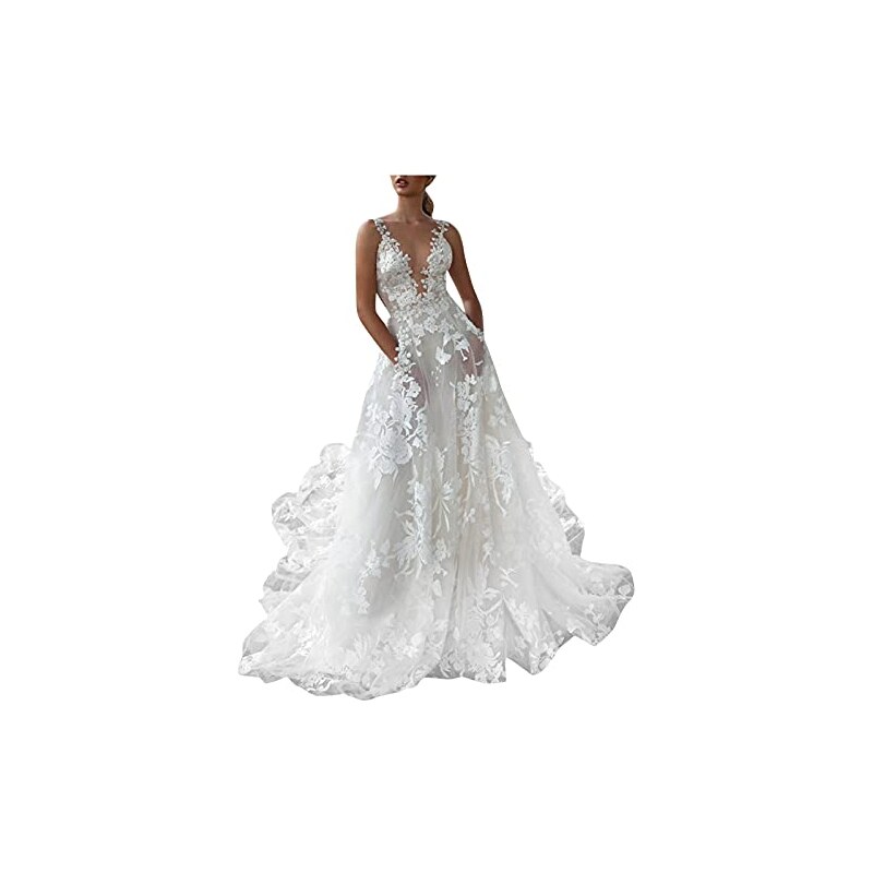 Amiliyano Abito da Sposa Vestiti da Cerimonia e Ballo Stile Impero Linea A Scollo a V Hi-Low Elegante Tulle Donna per Matrimonio/Fidanzamento/Abito da Sposa/Abito da (White, S)