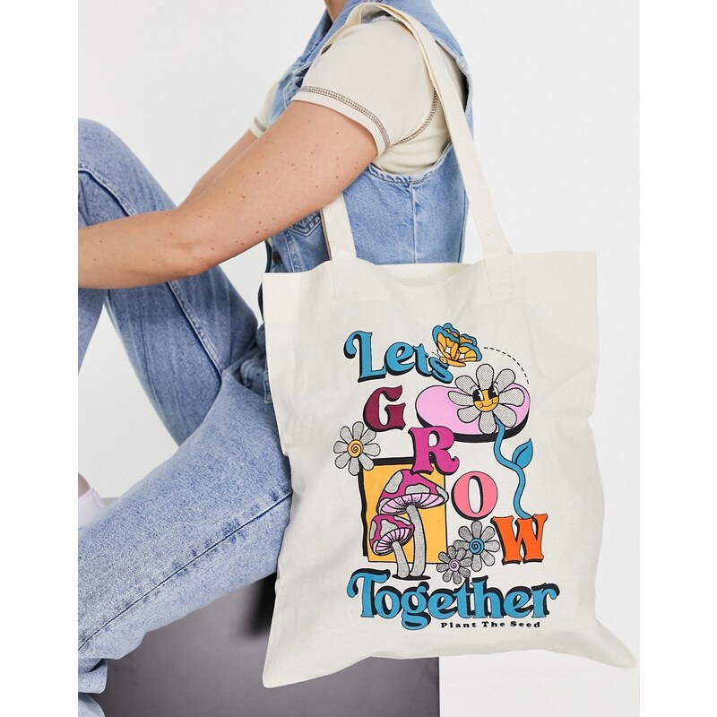 Tote bag nera in tela di cotone con maxi stampa logo