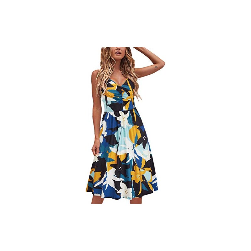 Abito estivo da donna, senza maniche, stampa floreale, elegante, lunghezza al ginocchio, comodo, traspirante, per il tempo libero, leggero, mini abito a maniche corte, linea ad A, Nero , S