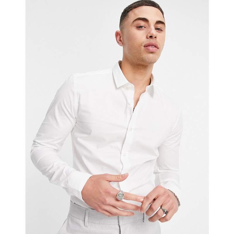 New Look - Camicia attillata a maniche lunghe in popeline bianco
