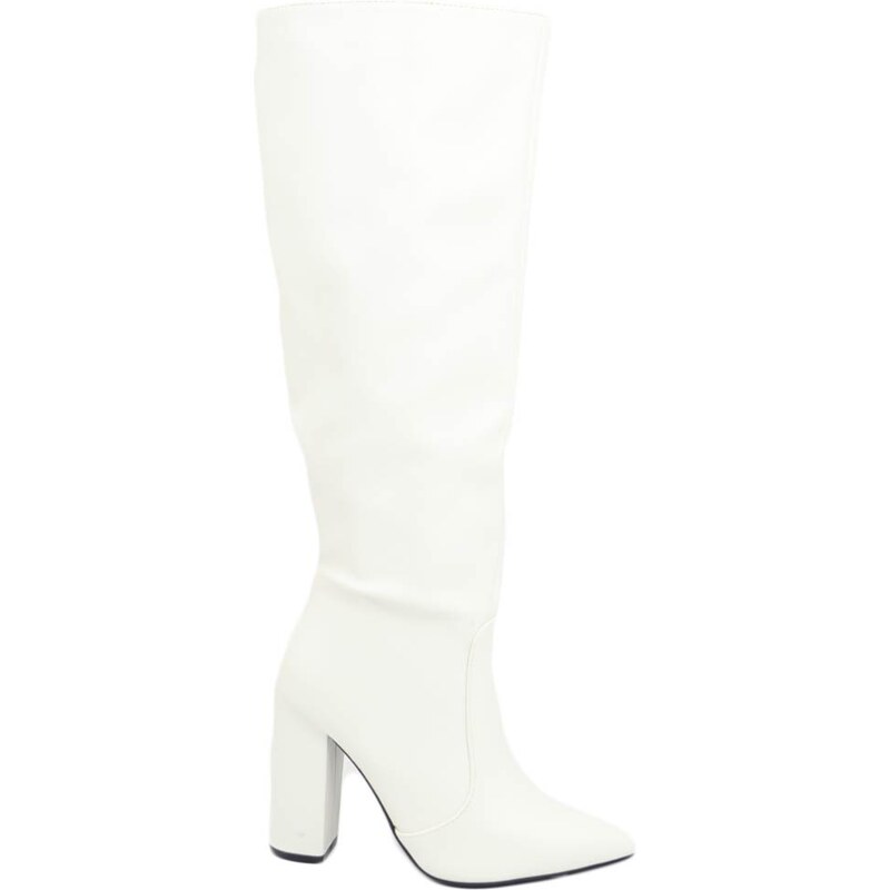 Malu Shoes Stivale donna alto rigido in pelle bianco con tacco largo liscio  linea basic a punta moda altezza ginocchio 