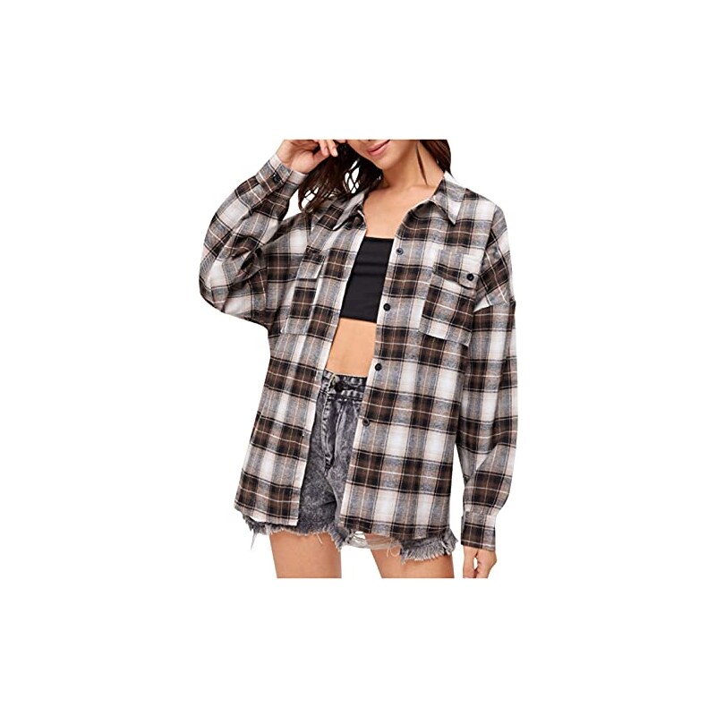 Camicetta Donna A Quadri Con Maniche A Sbuffo – Scollo Rotondo, Stringhe Frontali, Look Casual Chic